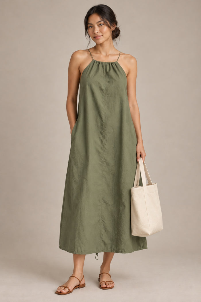 RAELYNN Halter Midi Parachute Dress W/ Toggle Drawstring Back & Hem (Moss Green)