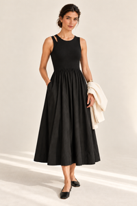 MARGOT Sleeveless Ribbed Bodice Midi Dress with Pockets (Black)