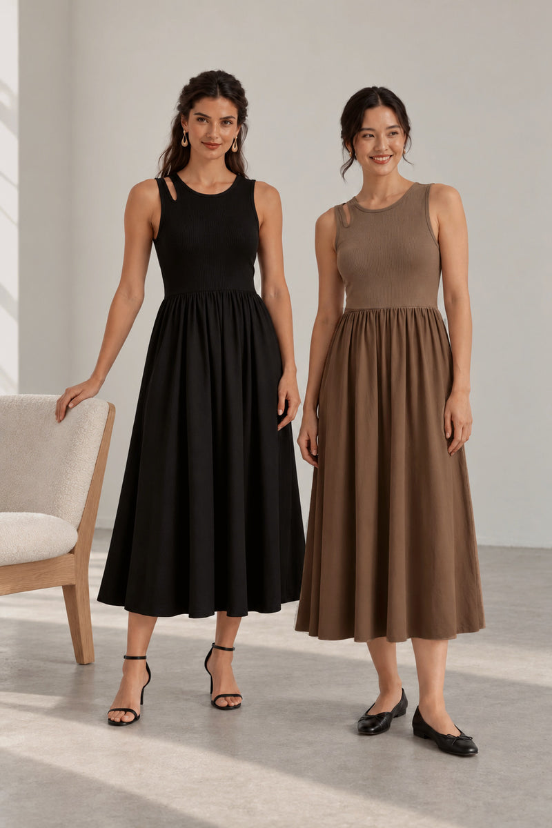 Margot dresses in black and mocha, modelled side by side