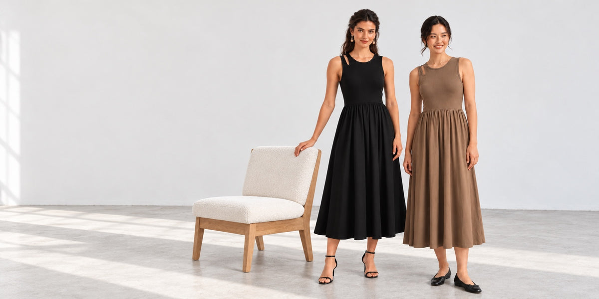Margot dresses in black and mocha in a light studio