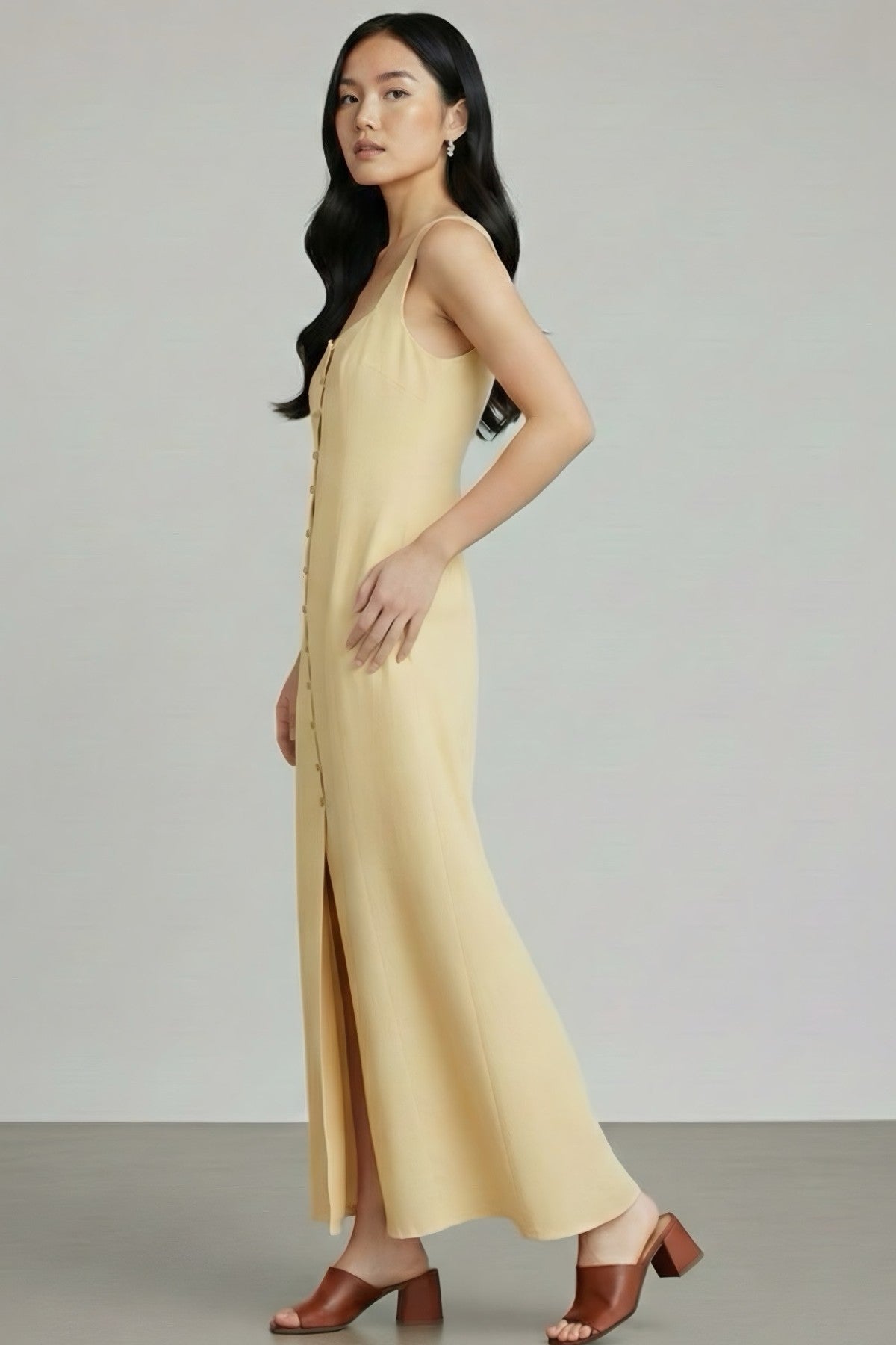 SOLENE Linen Button-Front Midi Dress (Butter Yellow)