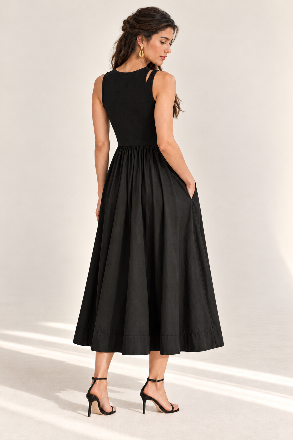 MARGOT Sleeveless Ribbed Bodice Midi Dress with Pockets (Black)