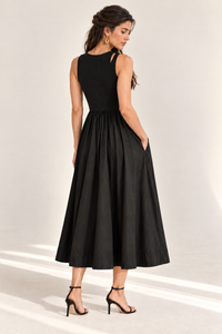 MARGOT Sleeveless Ribbed Bodice Midi Dress with Pockets (Black)