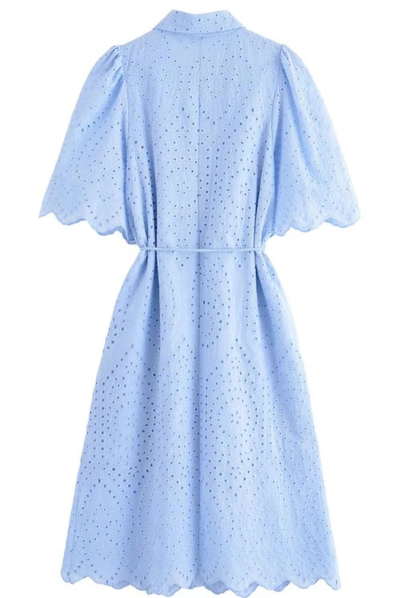ODETTE Broderie Eyelet Midi Dress with Rope Tie (Powder Blue)