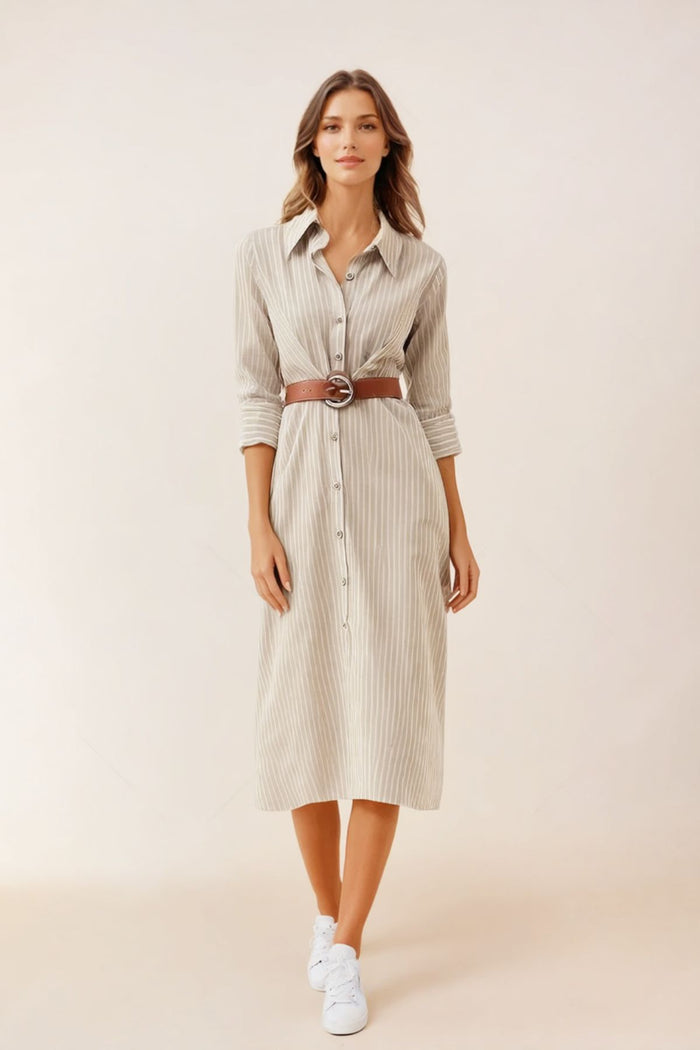 SKYLAR Striped Button-Down Dress W/ Belt (Latte Brown)