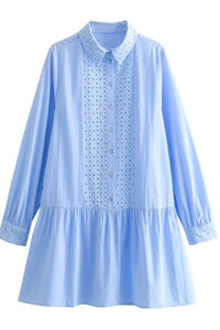 TAM Embroidered Drop-Waist Shirt Dress (Light Blue)