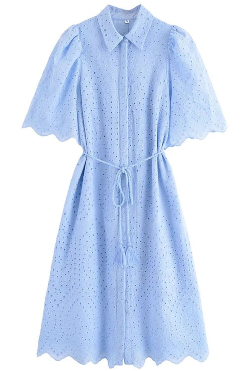 ODETTE Broderie Eyelet Midi Dress with Rope Tie (Powder Blue)