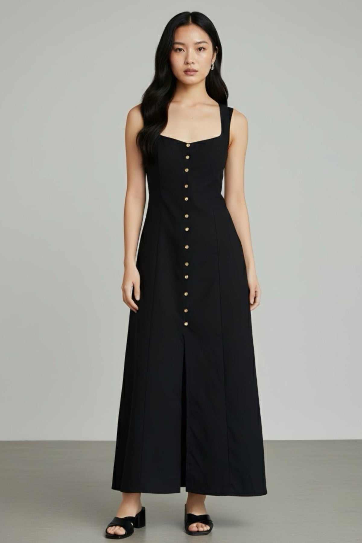 SOLENE Linen Button-Front Midi Dress (Black)