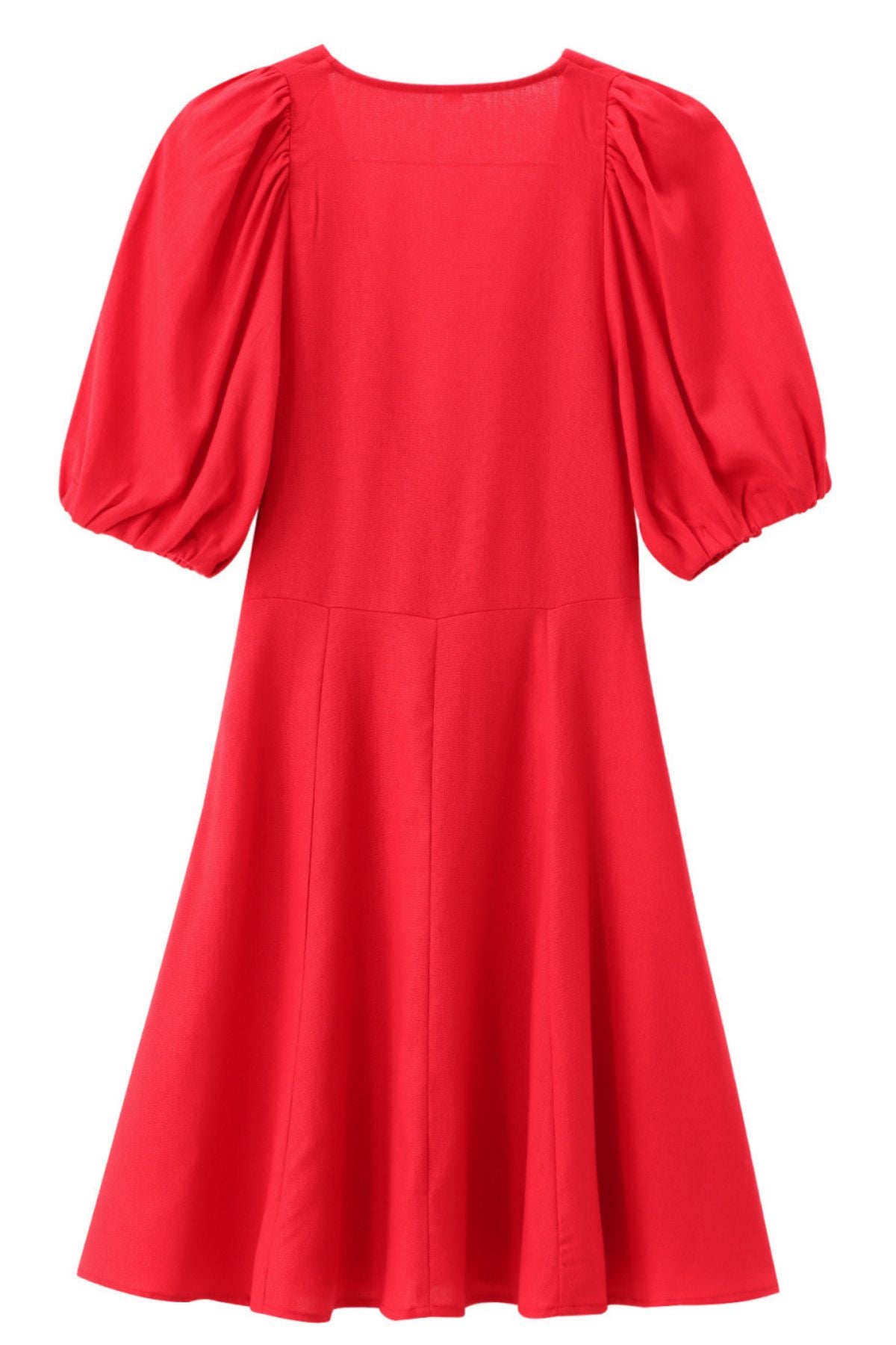 ADRIANA Linen V-Neck Puff-Sleeve Mini Dress (Red)