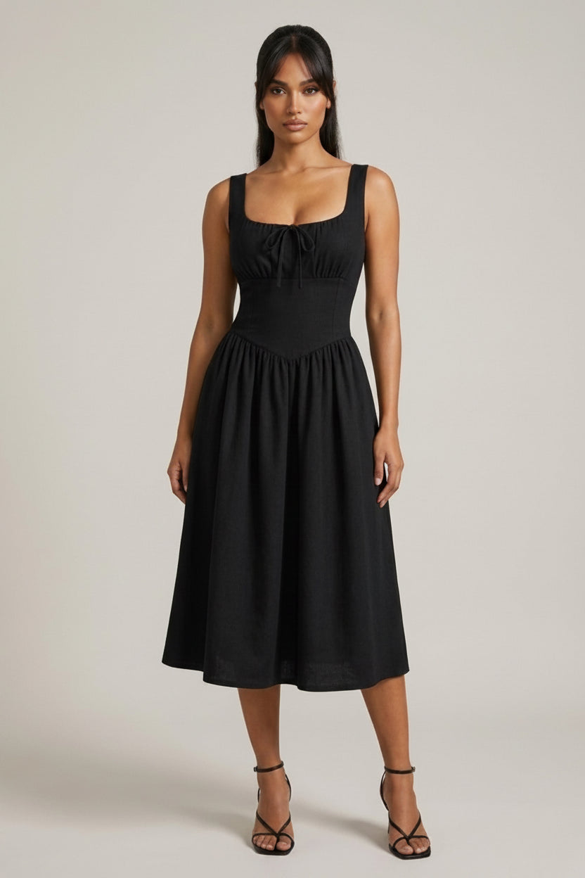 MARCELLA Square Neck Fit & Flare Midi Dress with Pockets (Black)