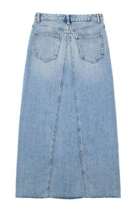 CORA Asymmetrical High Waisted Front Slit Denim Midi Skirt