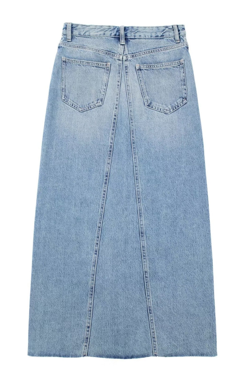 CORA Asymmetrical High Waisted Front Slit Denim Midi Skirt