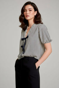 FINLEY V-neck Ribbon-Tie Puff Sleeve Top (Navy Stripes)