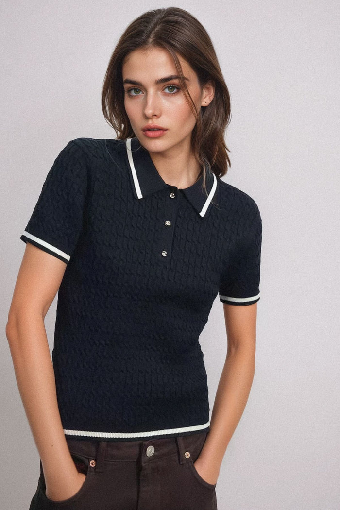 ALBA Cable Knit Polo (Deep Navy)