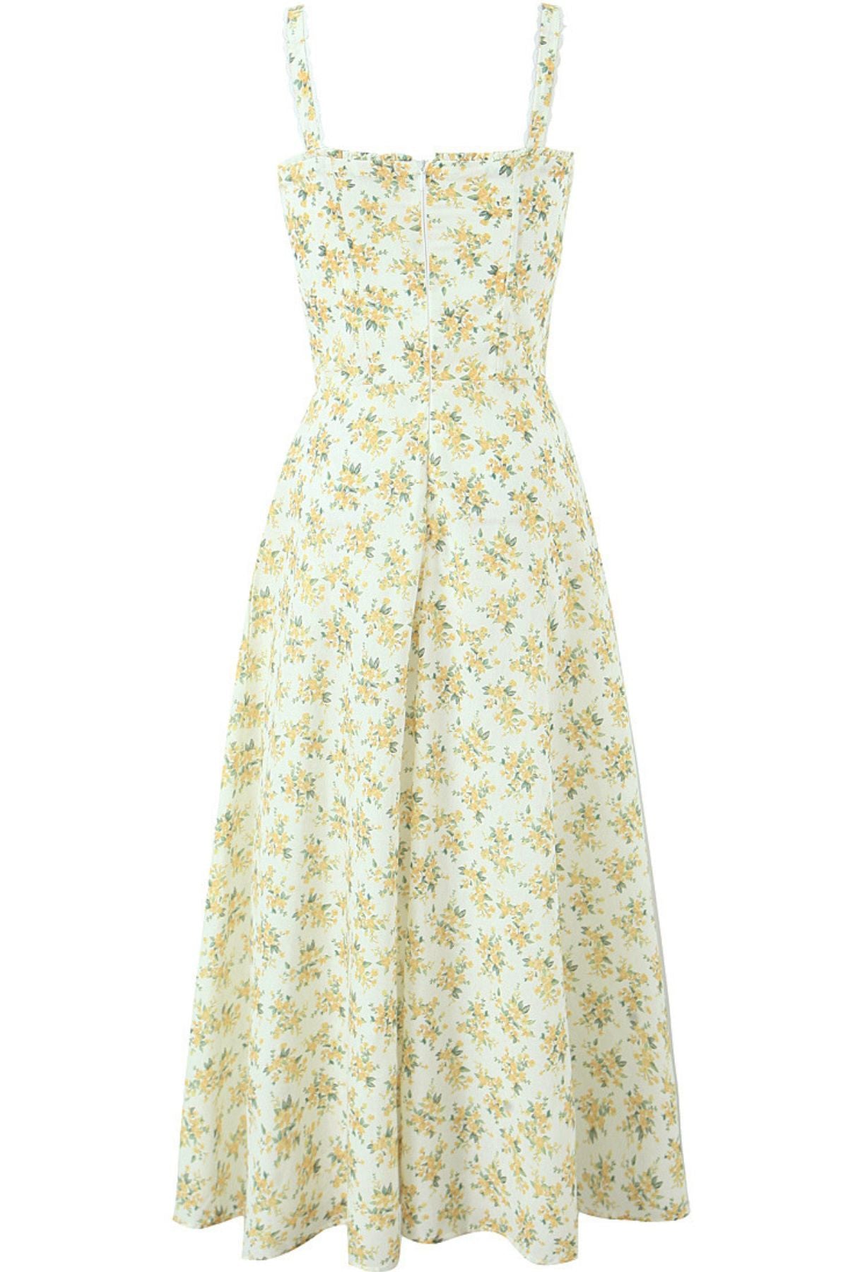 REBECCA Floral Bustier Midi Dress w/ Lace Hem (Yellow)