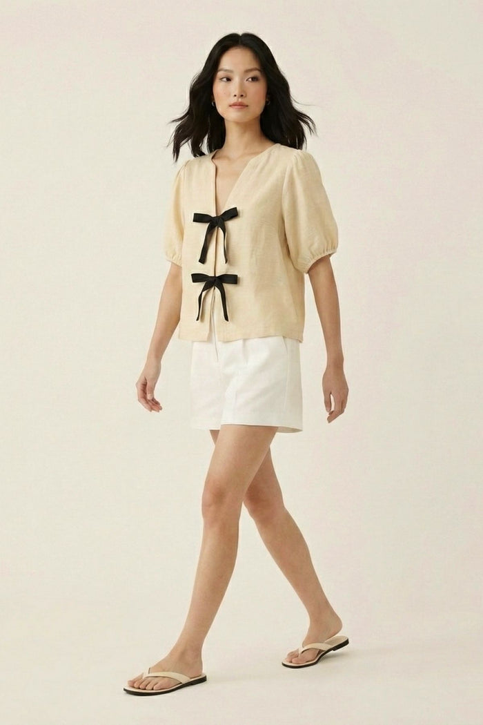 FINLEY V-neck Ribbon-Tie Puff Sleeve Top (Latte Brown)