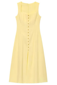 SOLENE Linen Button-Front Midi Dress (Butter Yellow)