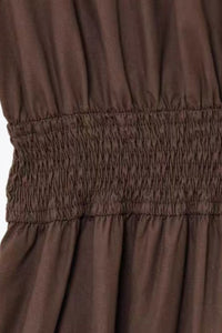 CELINE Smocked Waist Cotton Midi Dress with Pockets(Espresso Brown)