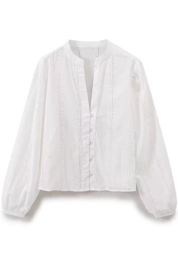 THEA Embroidered V-Neck Eyelet Blouse (White)