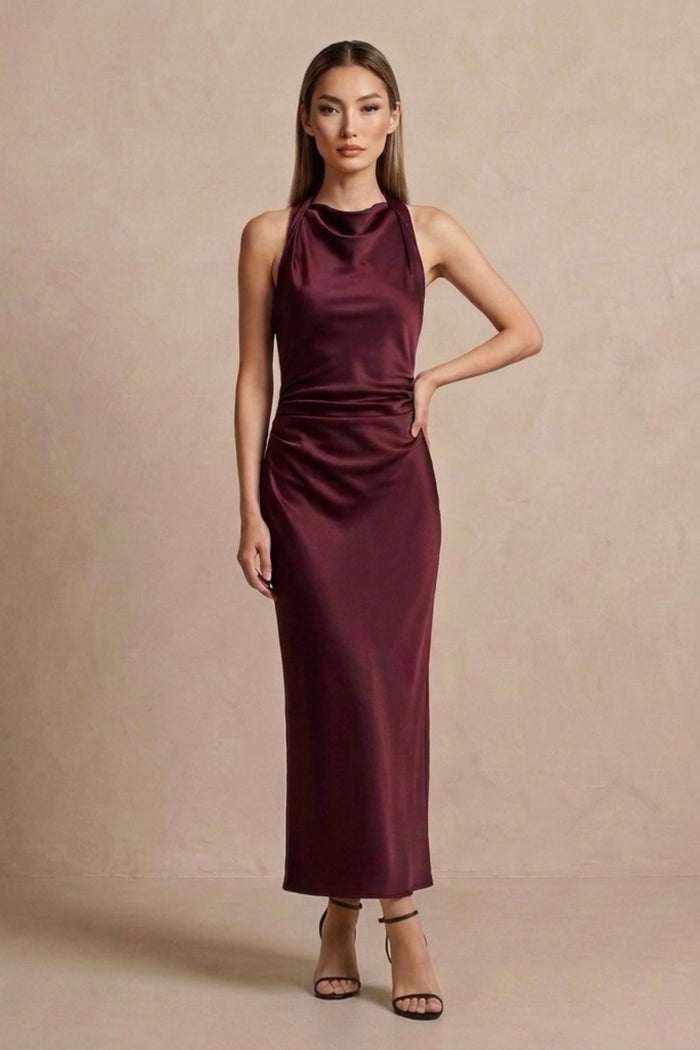 EVELYN Satin Cowl-Neck Midi Dress (Burgundy Red)