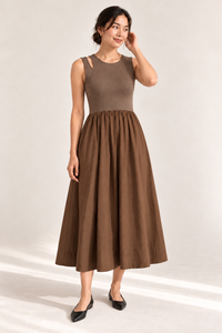 MARGOT Sleeveless Ribbed Bodice Midi Dress with Pockets (Mocha Brown)