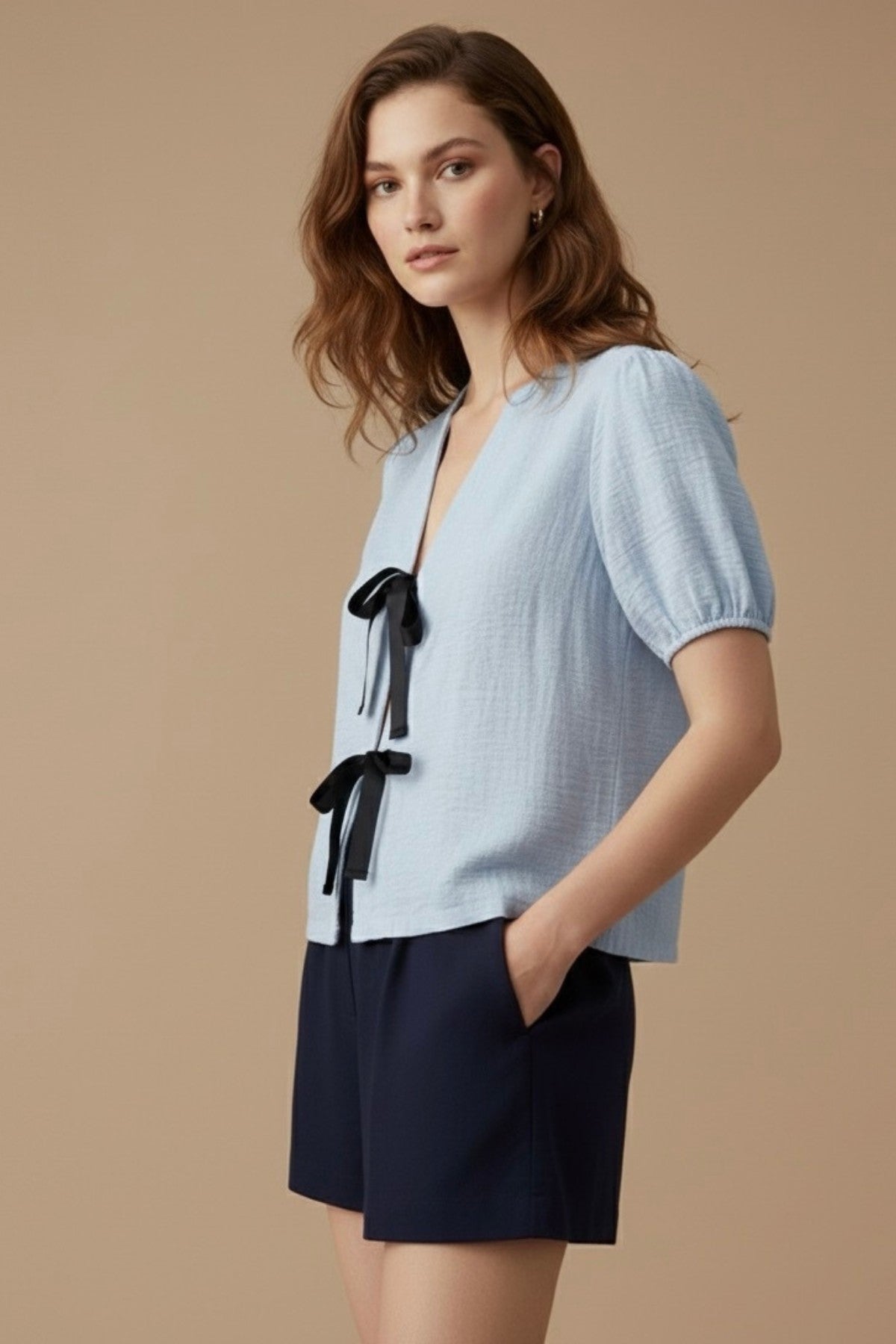 FINLEY V-neck Ribbon-Tie Puff Sleeve Top (Powder Blue)