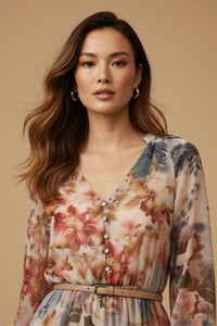 AURELIA Watercolor Floral Chiffon Belted Midi Dress