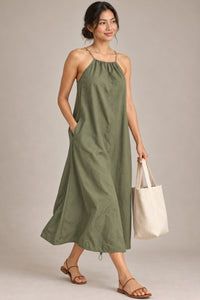 RAELYNN Halter Midi Parachute Dress W/ Toggle Drawstring Back & Hem (Moss Green)