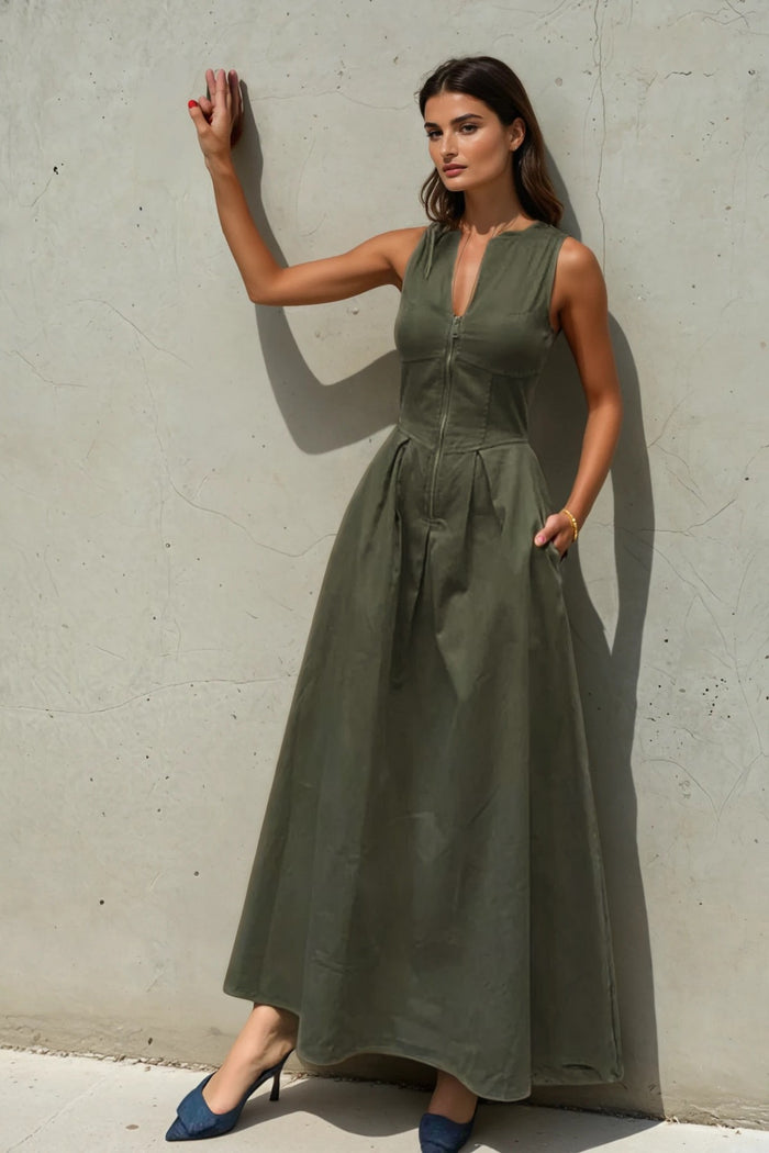 CARA Utility Zip Maxi Dress (Deep Olive Green)