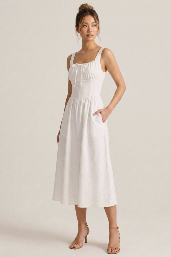 MARCELLA Square Neck Fit & Flare Midi Dress with Pockets (White)