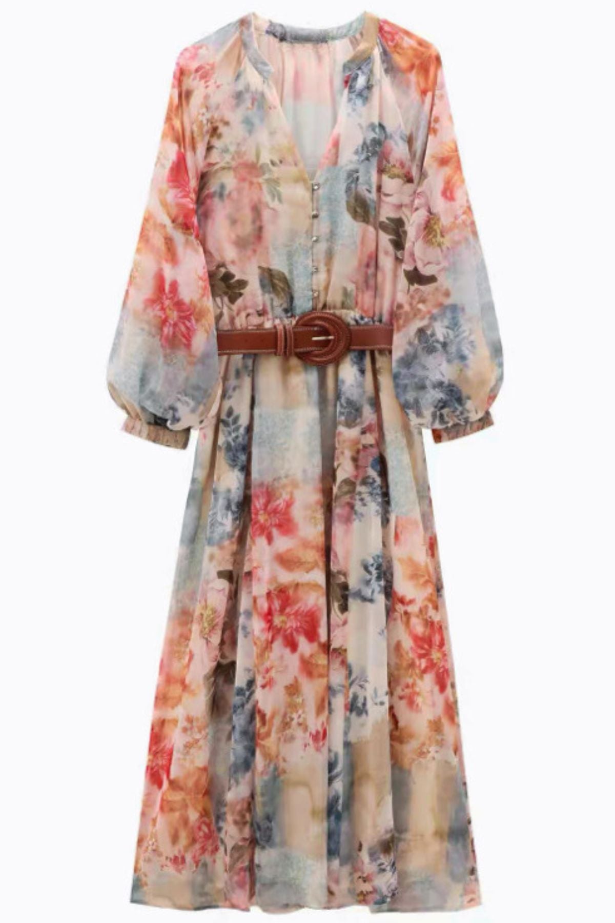 AURELIA Watercolor Floral Chiffon Belted Midi Dress