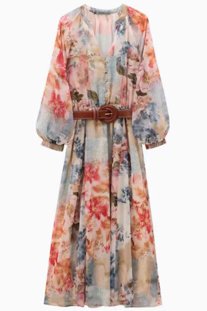 AURELIA Watercolor Floral Chiffon Belted Midi Dress