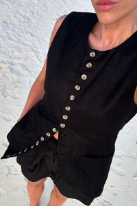 RAYA Linen Buttoned Vest Top (Black)