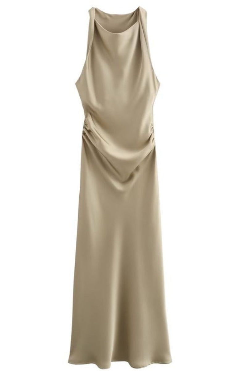 EVELYN Satin Cowl-Neck Maxi Dress (Champagne Beige)