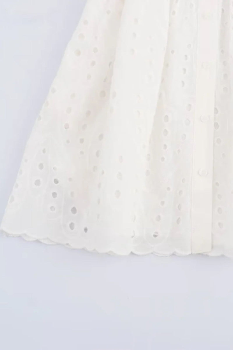 ELISA Button-Down Eyelet Mini Dress (White)