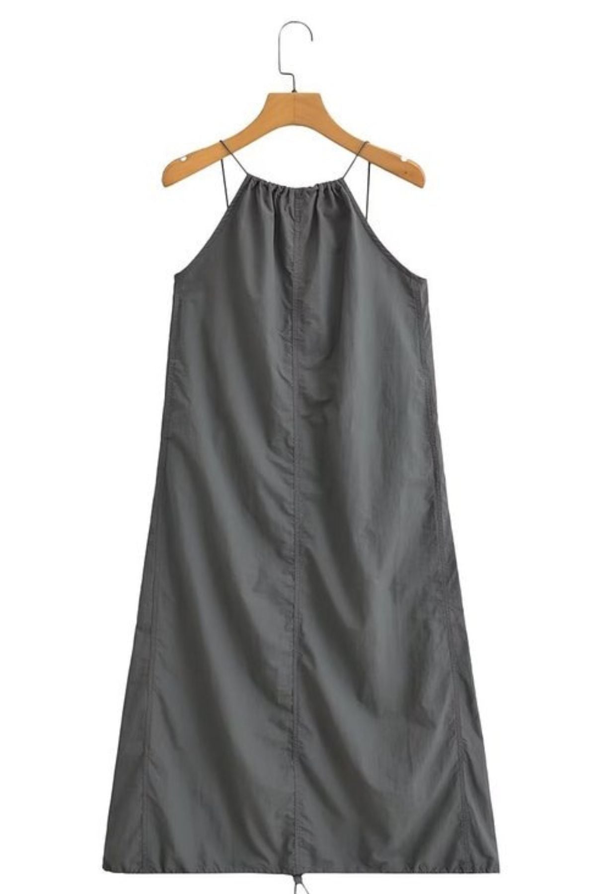 RAELYNN Halter Midi Parachute Dress W/ Toggle Drawstring Back & Hem (Coal Grey)