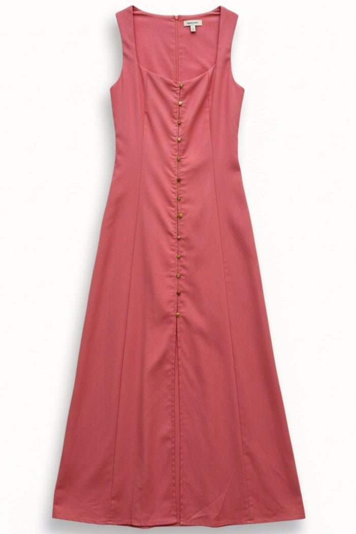 SOLENE Linen Button-Front Midi Dress (Coral Pink)