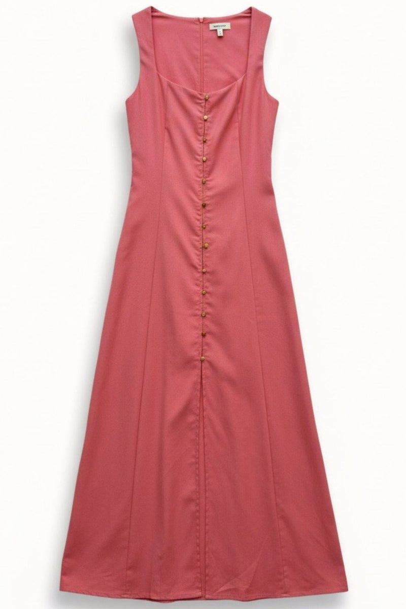 SOLENE Linen Button-Front Midi Dress (Coral Pink)