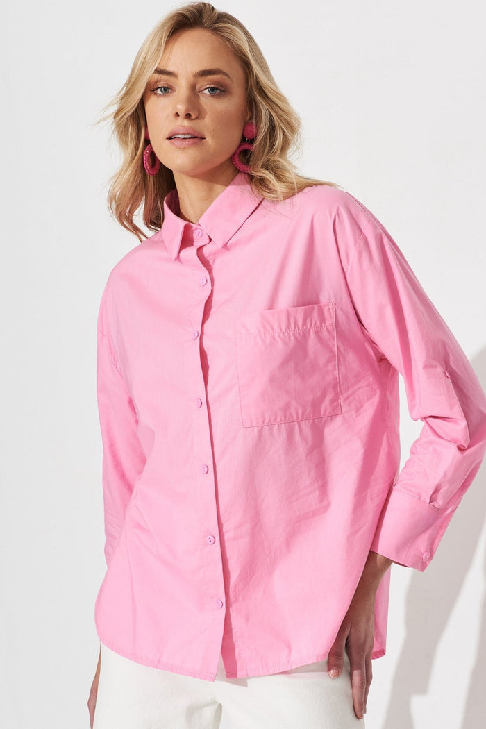 ESTHER Oversized Button-Down Pocket Shirt(Pink)