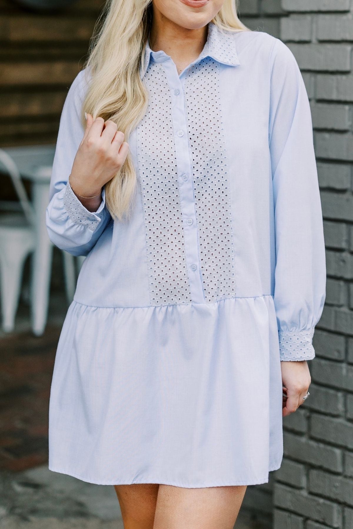 TAM Embroidered Drop-Waist Shirt Dress (Light Blue)