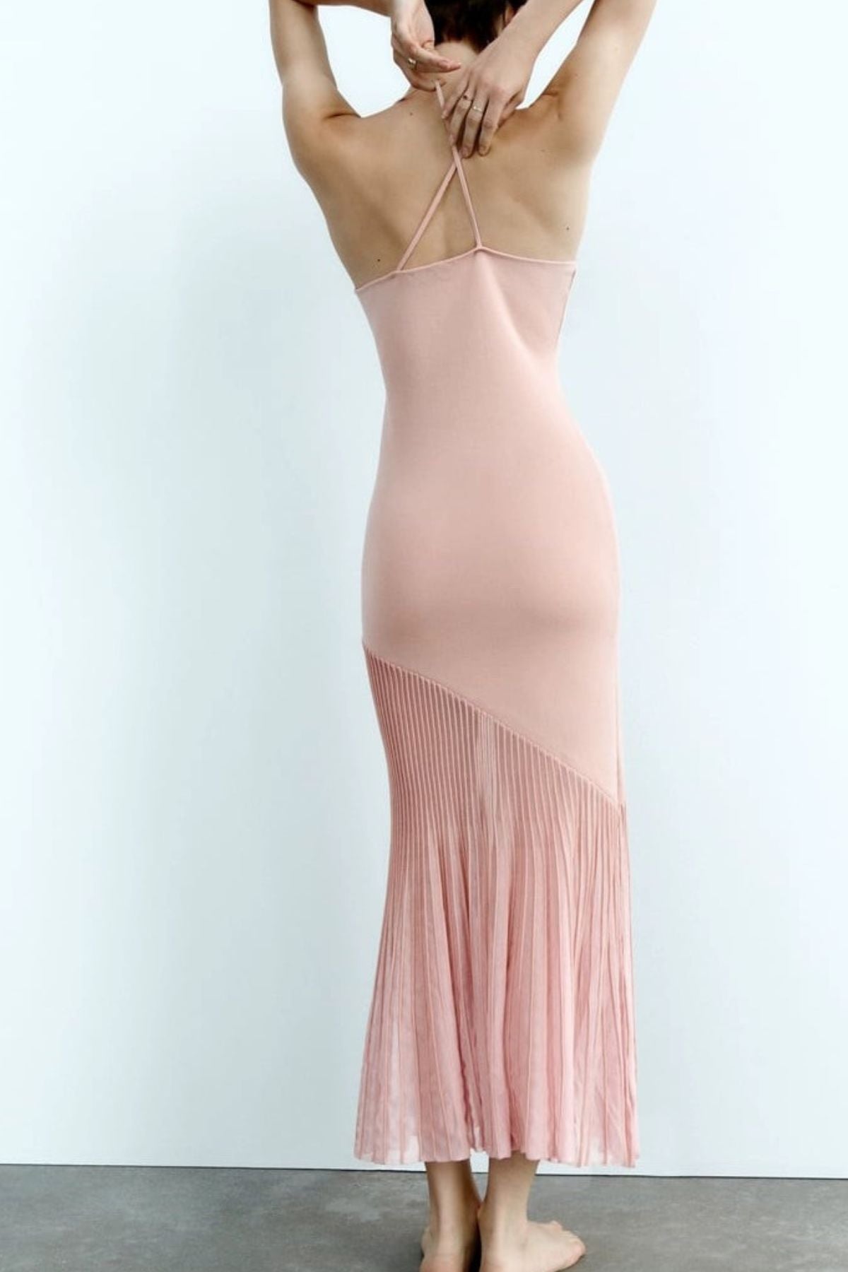 NICOLE Cross-Strap Knit Pleated Midi Dress (Blush Pink)