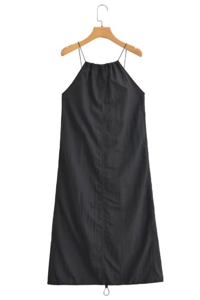 RAELYNN Halter Midi Parachute Dress W/ Toggle Drawstring Back & Hem (Black)