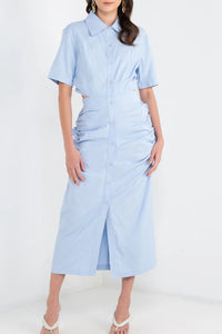 OAKLEY Open-Back Button-Down Ruched Sides Midi Dress (Powder Blue)