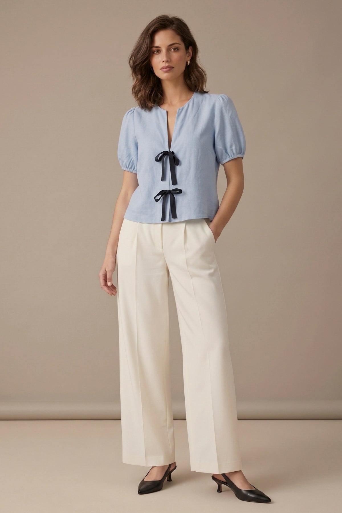 FINLEY V-neck Ribbon-Tie Puff Sleeve Top (Powder Blue)
