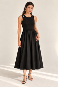 MARGOT Sleeveless Ribbed Bodice Midi Dress with Pockets (Black)