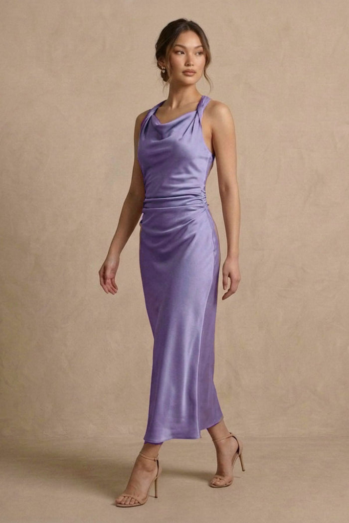 EVELYN Satin Cowl-Neck Midi Dress (Lavender)