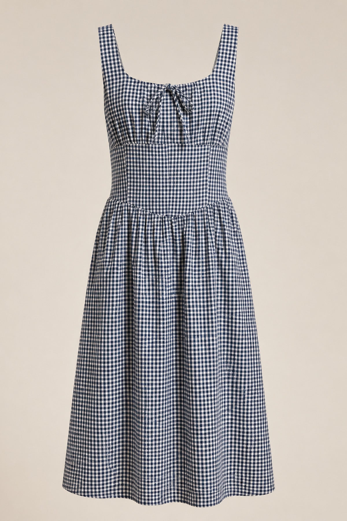 MARCELLA Square Neck Fit & Flare Midi Dress with Pockets (Blue Gingham)