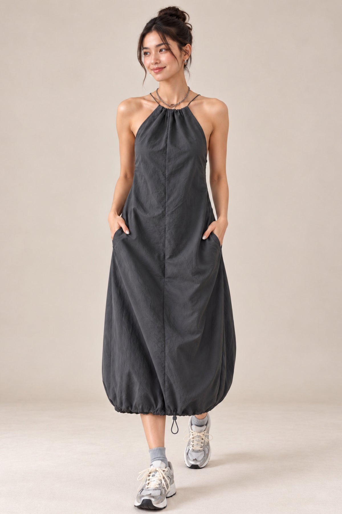 RAELYNN Halter Midi Parachute Dress W/ Toggle Drawstring Back & Hem (Coal Grey)