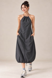 RAELYNN Halter Midi Parachute Dress W/ Toggle Drawstring Back & Hem (Coal Grey)