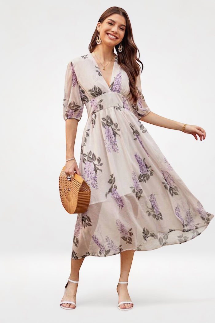 SUSIE Floral V-neck Midi Dress (Lavender)